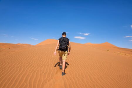 Tourist walks on the scenic dunes of Sossusvlei in the Namib desert, Namibiaのeditorial素材
