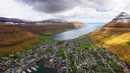 Aerial panorama of the city of Klaksvik on Faroe Islands, Denmarkの写真素材