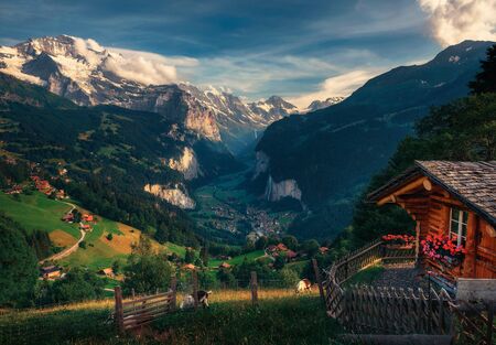 Lauterbrunnen valley in the Swiss Alps viewed from the alpine village of Wengenの写真素材