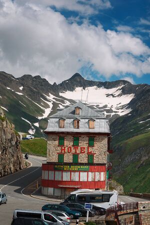 Closed mountain hotel located near the Rhone Glacier in Furka Pass, Switzerlandのeditorial素材