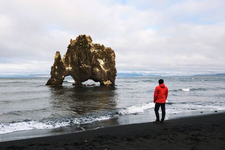 Tourist looks at the Hvitserkur basalt stack in northern Icelandの写真素材
