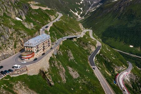 Aerial view of the closed mountain hotel Belvedere in Furka Pass, Switzerlandのeditorial素材