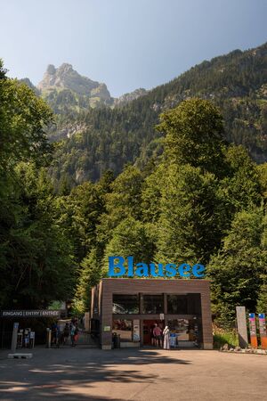 Tourists entering the Blausee Lake in Switzerlandのeditorial素材