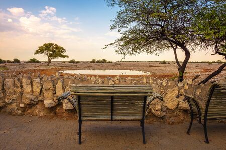 Bench at the waterhole of Okaukuejo Campsite in Etosha National Park, Namibiaの写真素材