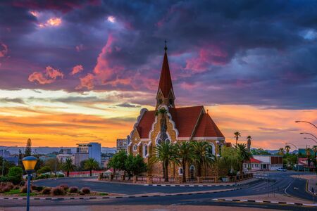 Dramatic sunset above Christchurch, Windhoek, Namibiaの写真素材