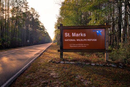 St. Marks National Wildlife Refuge entrance sign, Floridaの写真素材