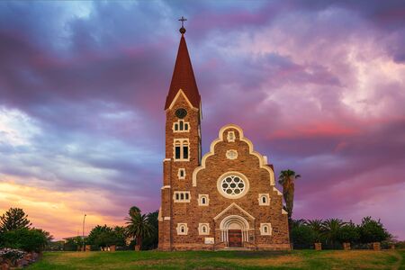 Sunset above Christchurch, a historic lutheran church in Windhoek, Namibiaの写真素材