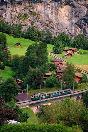 Vintage train in the Lauterbrunnen valley, Switzerlandの写真素材