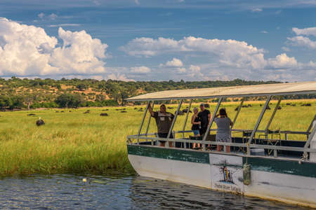 Tourists in a boat observe elephants along the Chobe River, Botswana, Africaのeditorial素材