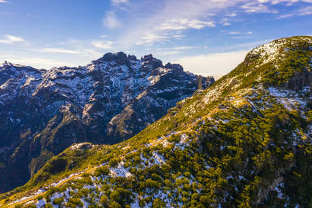 Aerial view of the footpath to mount Pico Ruivo in Madeira, Portugalの写真素材