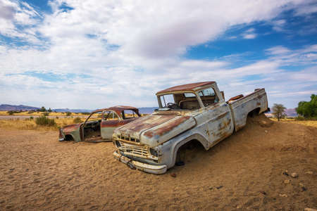 Abandoned car wrecks in Solitaire located in the Namib Desert of Namibiaのeditorial素材
