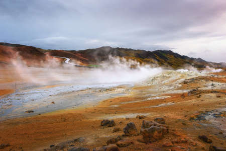 Hverir geothermal area near lake Myvatn in Icelandの写真素材