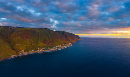 Aerial view of Paul do Mar on Madeira, Portugal at sunsetの写真素材
