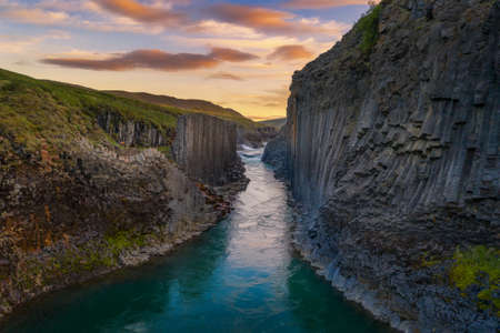 Studlagil Canyon in east Iceland at sunsetの写真素材