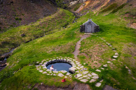 Aerial view of Gudrunarlaug hot spring in Icelandの写真素材