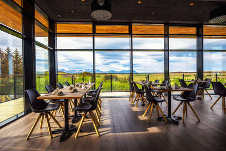 Restaurant interior of Hotel Varmaland in west of Icelandのeditorial素材