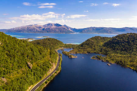Aerial view of a road going through Lofoten Islands in Norwayの写真素材