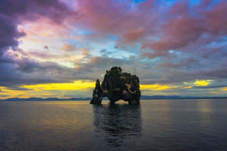 Sunset at the Hvitserkur basalt stack in northern Icelandの写真素材