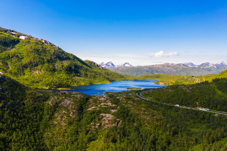 Aerial view of forests and a lake in Lofoten Islands, Norway