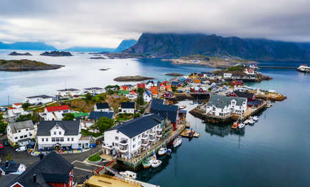 Aerial view of Henningsvaer fishing village on Lofoten islands in Norwayの写真素材