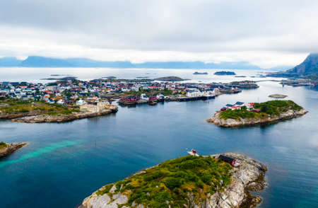 Aerial view of Henningsvaer fishing village on Lofoten islands in Norwayの写真素材