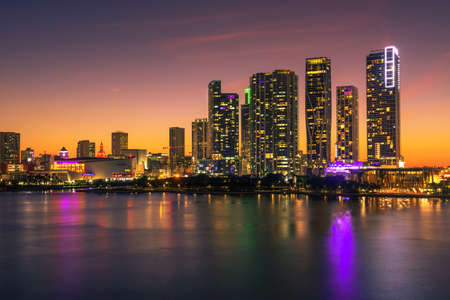 Sunset above Downtown Miami Skyline and Biscayne Bayのeditorial素材