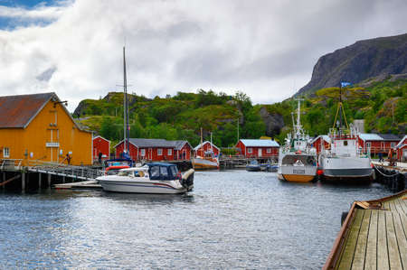 Harbor with fishing boats in Nusfjord, Lofoten Islands, Norwayのeditorial素材