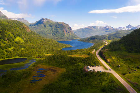 Aerial view of a road going through Lofoten Islands in Norwayの写真素材