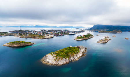 Aerial view of Henningsvaer fishing village on Lofoten islands in Norwayの写真素材