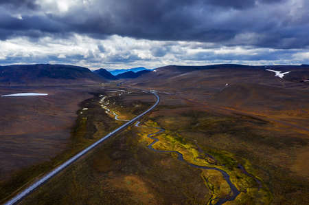 Aerial view of a winding Ring Road in the north of Icelandの写真素材