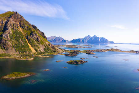 Aerial landscape of Lofoten Islands in Norway with mountains and oceanの写真素材