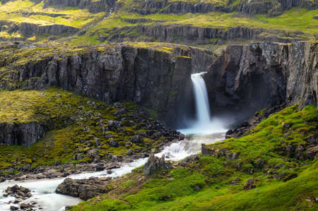 Aerial view of the Folaldafoss waterfall in the east of Icelandの写真素材