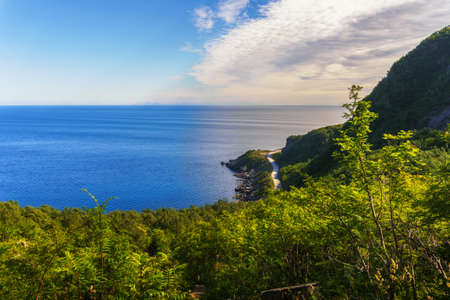 Scenic view of Atlantic Ocean from path to mount Reinebringen in northern Norwayの写真素材