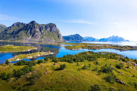 Aerial landscape of Lofoten Islands in Norway with mountains and oceanの写真素材