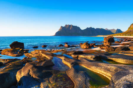 Uttakleiv beach on Lofoten islands, Norwayの写真素材