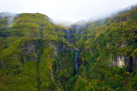 Aerial view of the Risco waterfall in the Madeira Islands, Portugalの写真素材