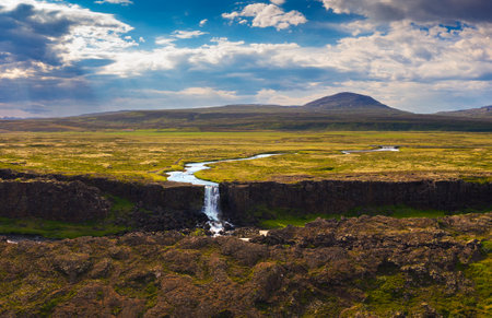 Aerial view of the Oxarafoss waterfall in Icelandの写真素材