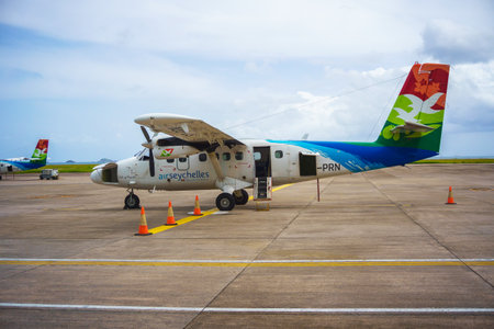 Air Seychelles small propeller aircraft at Mahe airportのeditorial素材