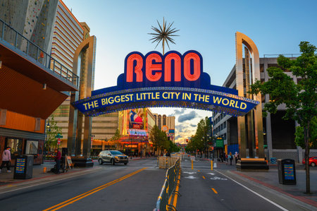 Reno the biggest little city in the world arch sign in downtown Reno, Nevadaのeditorial素材