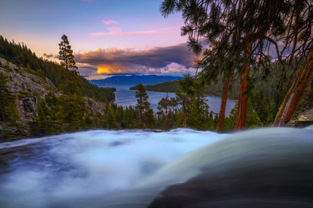 Sunset above Lower Eagle Falls and Emerald Bay, Lake Tahoe, Californiaの写真素材