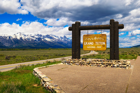 Welcome sign at the entrance to Grand Teton National Park in Wyomingの写真素材