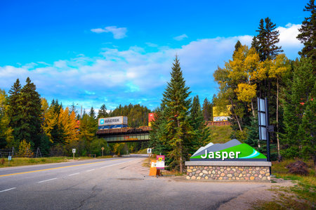 Welcome sign to the village of Jasper located within the Canadian Rockiesのeditorial素材