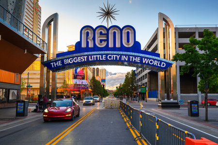 Reno the biggest little city in the world arch sign in downtown Reno, Nevadaのeditorial素材