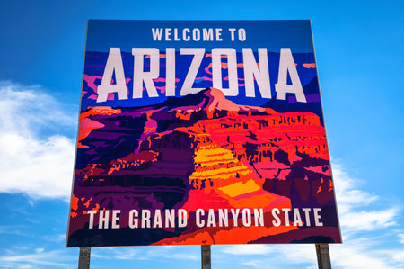 Welcome to Arizona State Sign situated along I-15 at the border with Utahのeditorial素材