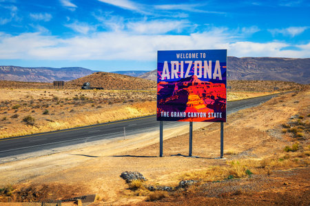 Welcome to Arizona State Sign situated along I-15 at the border with Utahのeditorial素材
