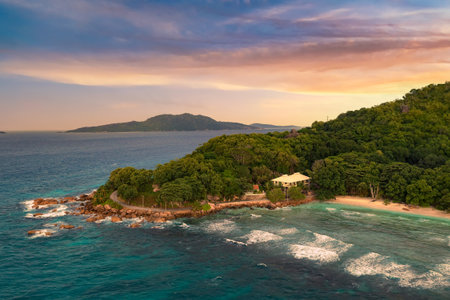 Aerial sunset view of Anse Severe Beach at the La Digue Island, Seychellesの写真素材