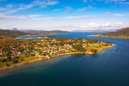 Aerial view of a road going through Lofoten Islands in Norwayの写真素材