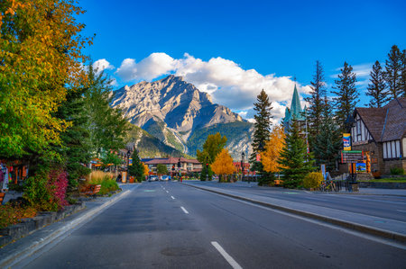 Street view of the famous Banff Avenue in Banff, Canadaのeditorial素材