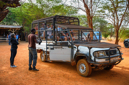 Tourists in a car cage prepare to visit lions in Ranch de Bandia in Senegalのeditorial素材