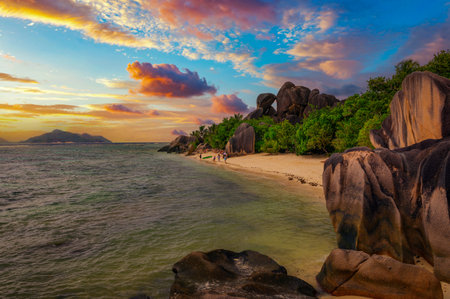 Sunset above Anse Source Dargent beach at the La Digue Island, Seychellesの写真素材